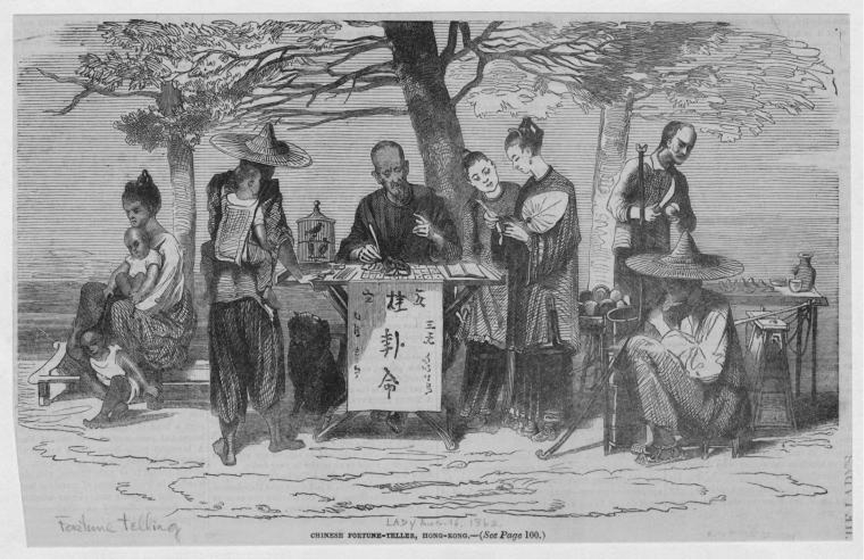 A historical engraving of a Chinese fortune teller